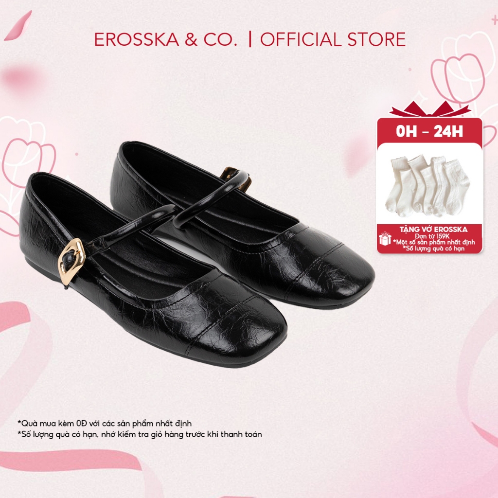 [Erosska]- Giày búp bê nữ ballet core mũi vuông, quai ngang phối khóa cao 2.5cm  - EL084