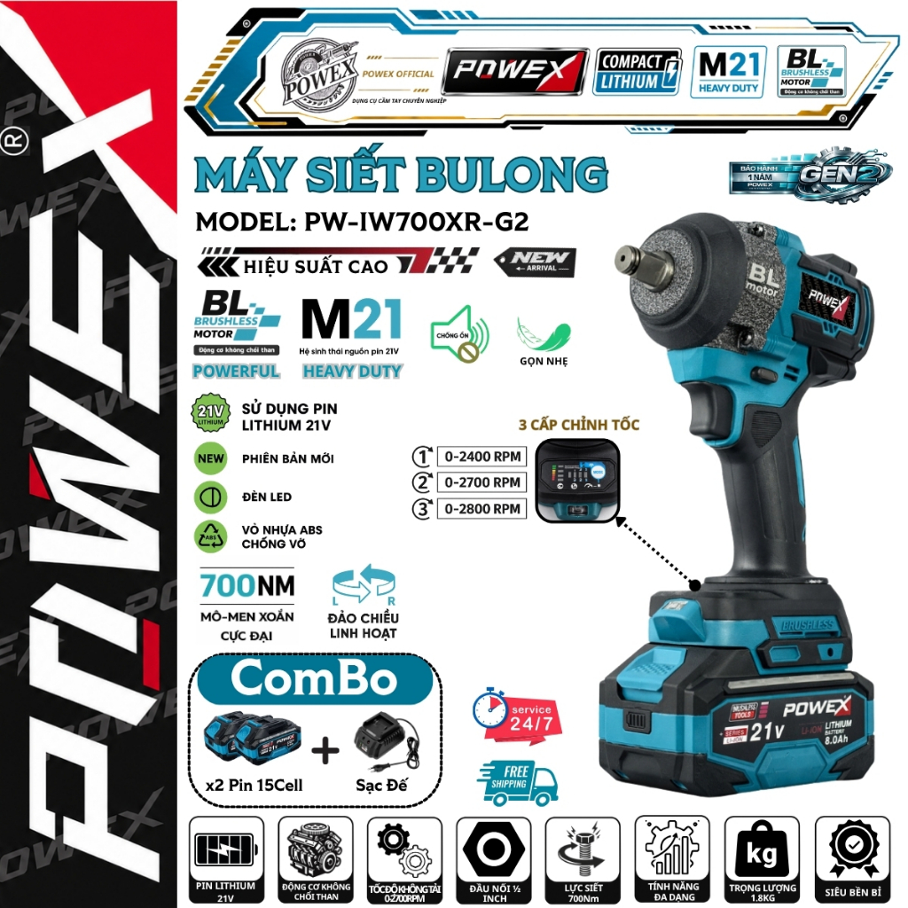 Máy siết Bulong Powex PW-IW700XR-G2 lực siết 700N.m- 2800V/p đầu đặc 1/2inch, 3 cấp điều chỉnh tốc.