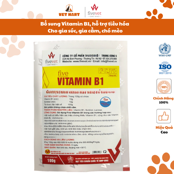 Five-Vitamin B1 Fivevet bổ sung Vitamin B1, hỗ trợ tiêu hóa cho gia súc, gia cầm, chó mèo gói 100g d