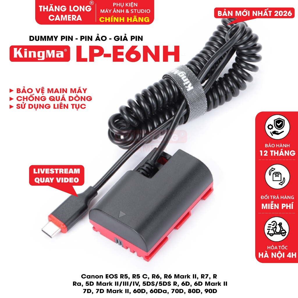 Dummy Battery LP-E6 LP-E6N LP-E6NH Type-C KingMa - Nguồn Ngoài USB-C PD Cho Canon EOS R5 R6 R7 R8 R6