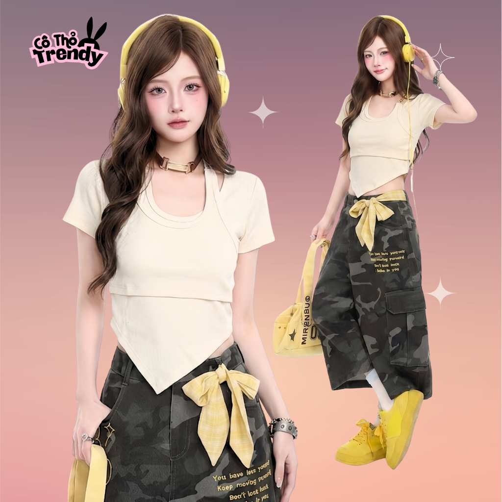 Áo kiểu croptop Cô Thỏ Trendy vạt chéo cá tính thun gân chính phẩm dày mịn cổ phối khoen Acubi style
