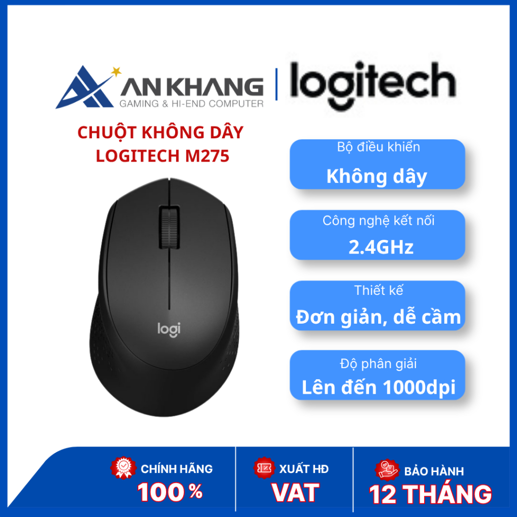 Chuột Không Dây Logitech M275 Màu Đen 910-007327 - Wireless 2.4GHz, 1000 DPI, Chuột Văn Phòng Chính 