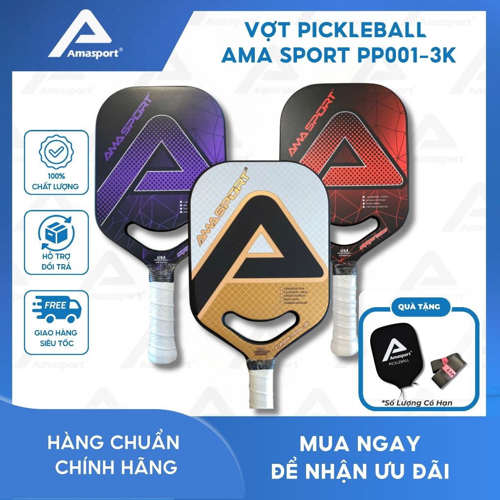 Vợt Pickleball AMA SPORT PP001-3k tiêu chuẩn thi đấu, huấn luyện chuyên nghiệp mặt vợt carbon 3K đượ