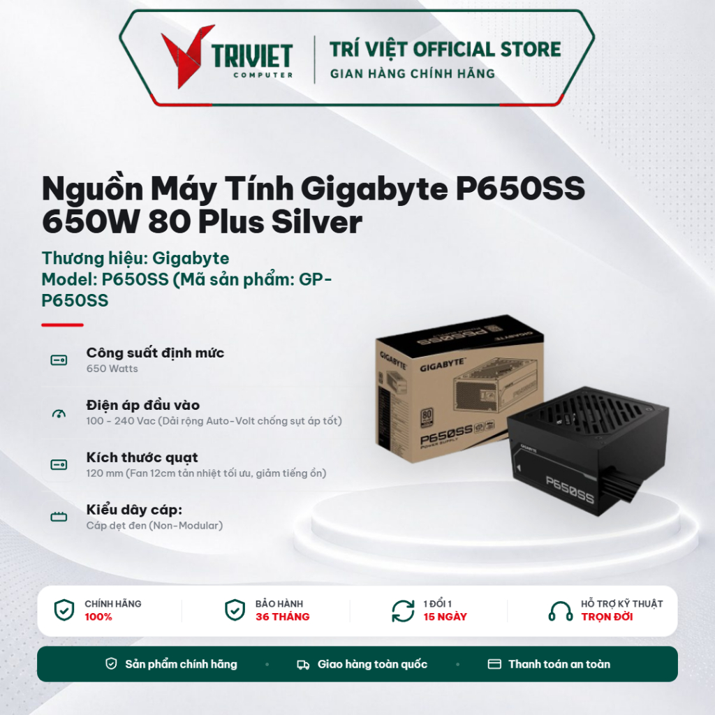 Nguồn Máy Tính Gigabyte P650SS 650W 80 Plus Silver ATX 3.0 - Quạt FDB 120mm - Active PFC - Bảo Vệ Đa