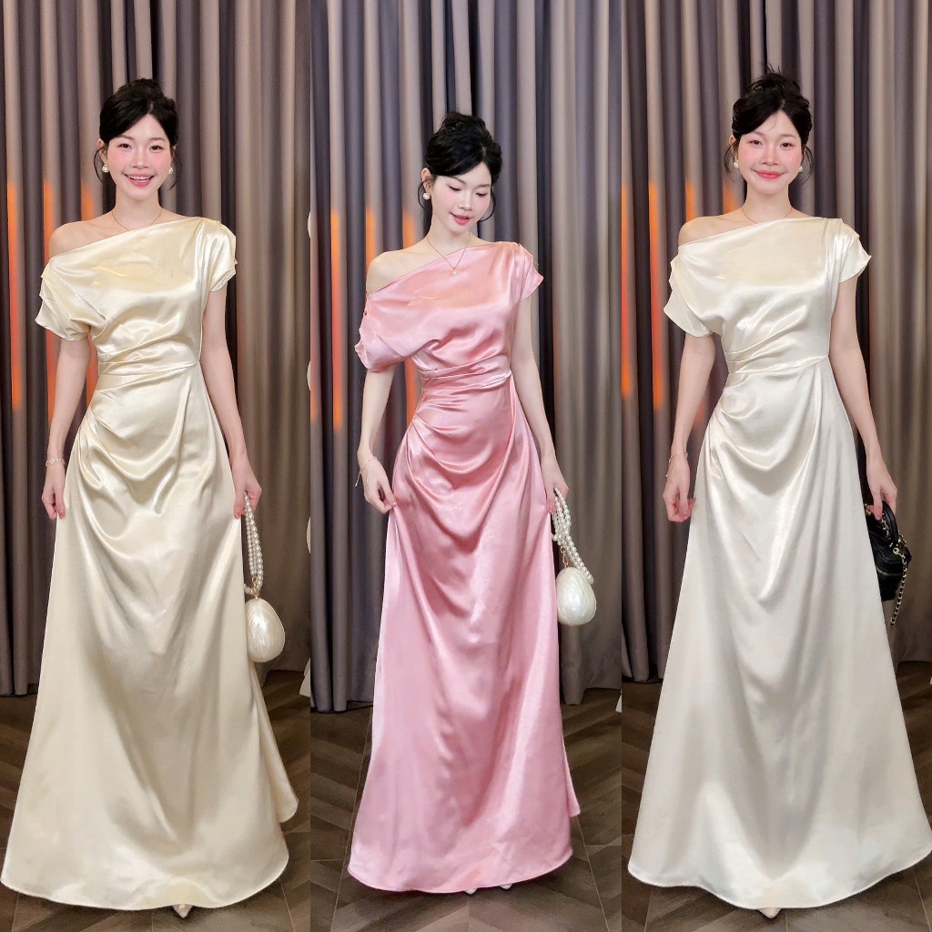 [Đ.44-L] Đầm Lụa Thiết Kế Lệch Vai Có Tay Dáng Dài 140cm Sang Trọng Women Top Dress | Tũm Clothing