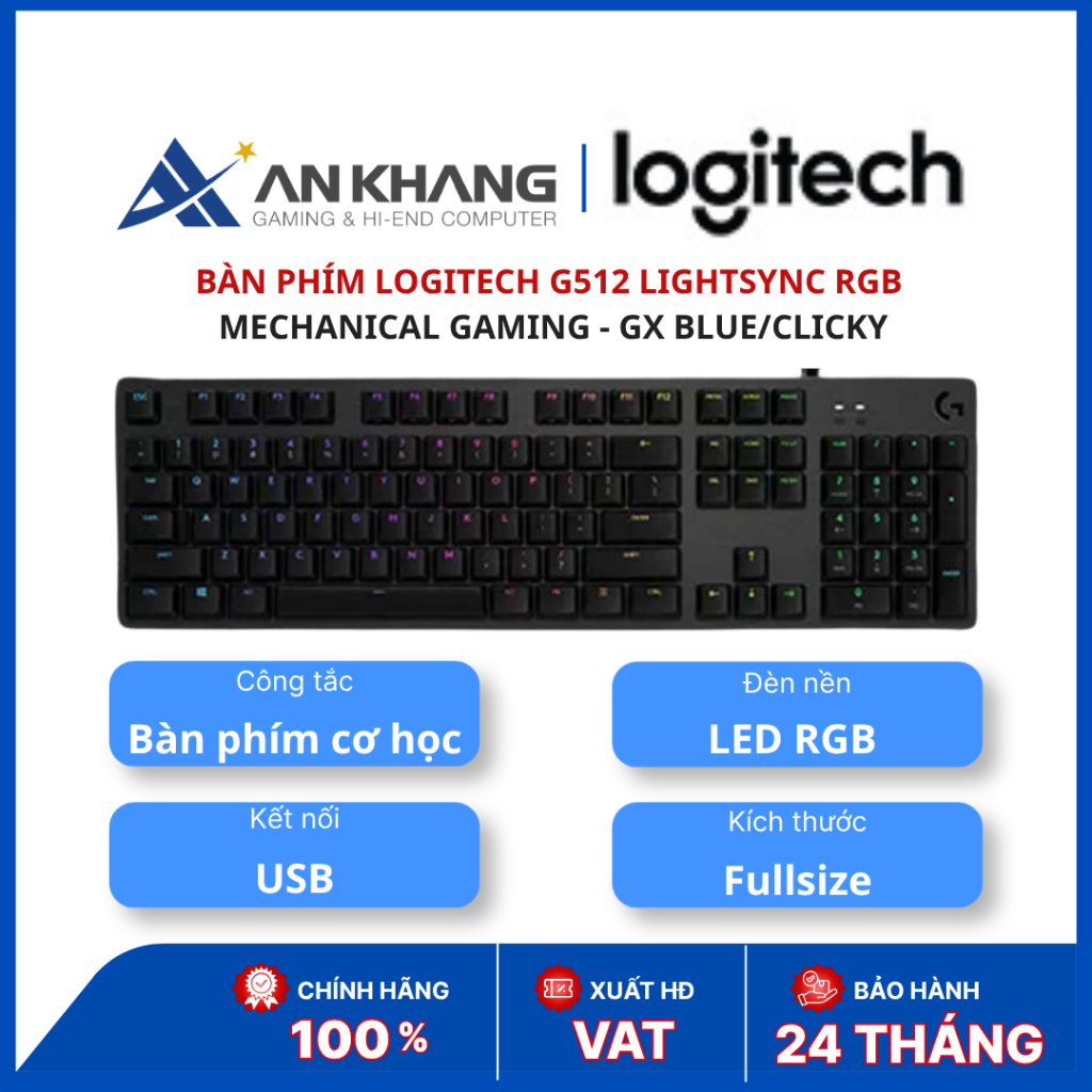 Bàn Phím Cơ Gaming Logitech G512 Lightsync RGB GX Blue Clicky - Fullsize, LED RGB, USB, Switch Logit