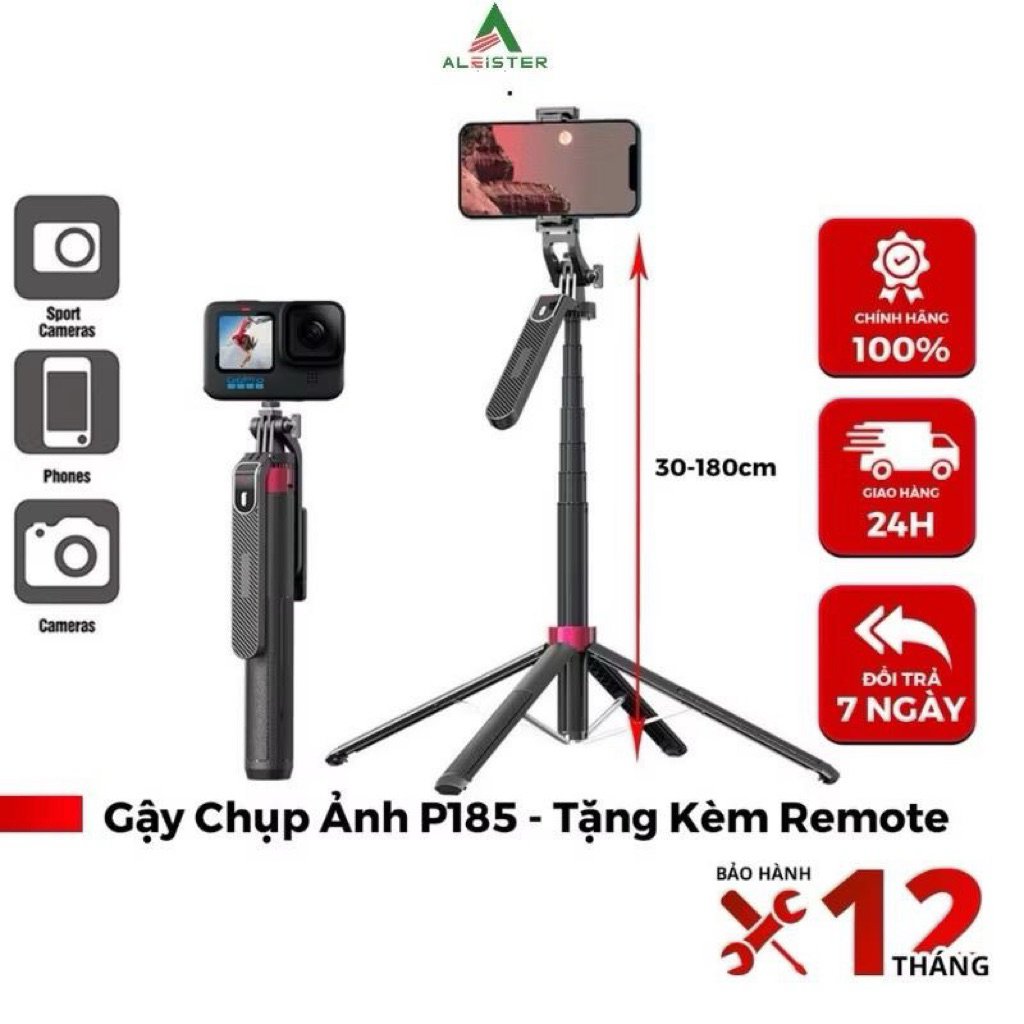 Gậy Chụp Ảnh P185 - Tripod 4 Chân Siêu Chắc, Có Đèn, Chống Rung P180/ P185 C Có Kèm Remote - Phụ Kiệ