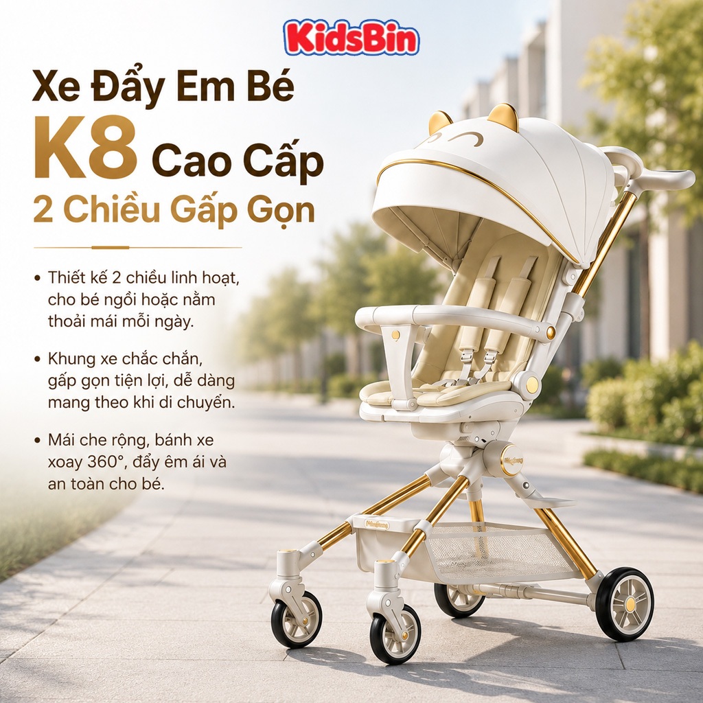 Xe Đẩy K8 Cao Cấp 2 Chiều Cho Bé, Có Giảm Xóc Êm, Bàn Ăn Dặm, Khung Xe Chắc Chắn