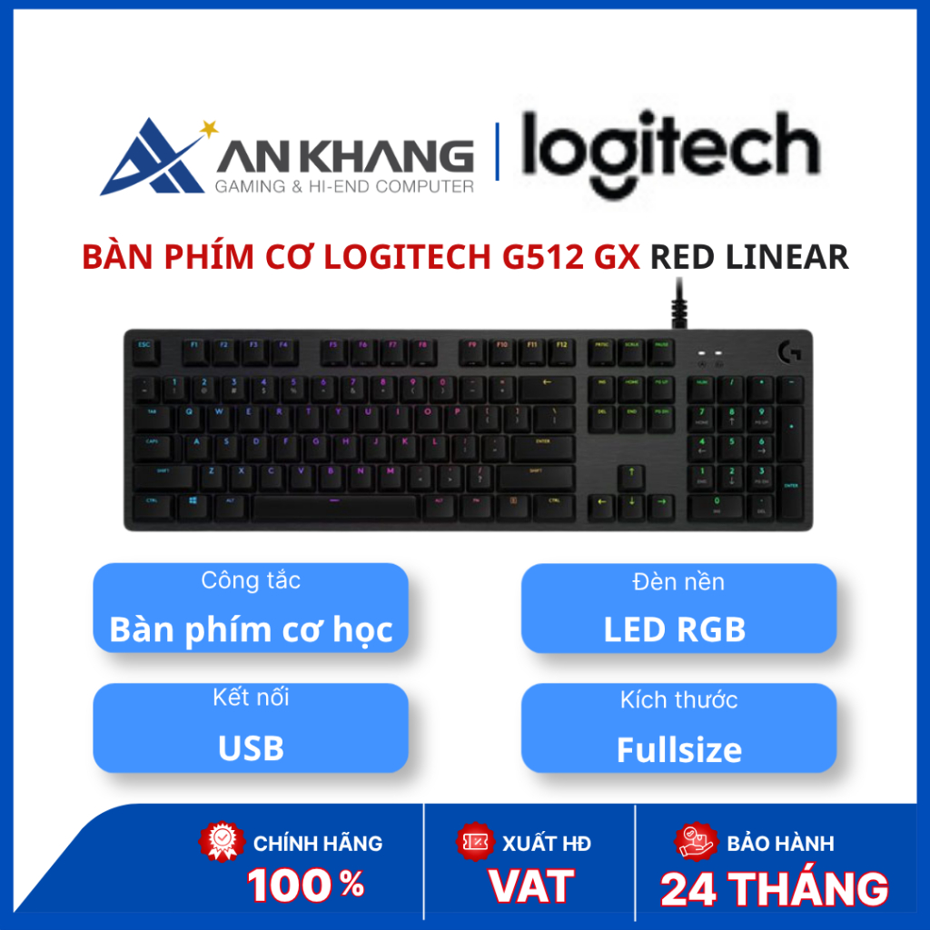 Bàn Phím Cơ Logitech G512 GX Red Linear 920-009372 - Gaming RGB Fullsize, Switch GX Red, USB, Chính 