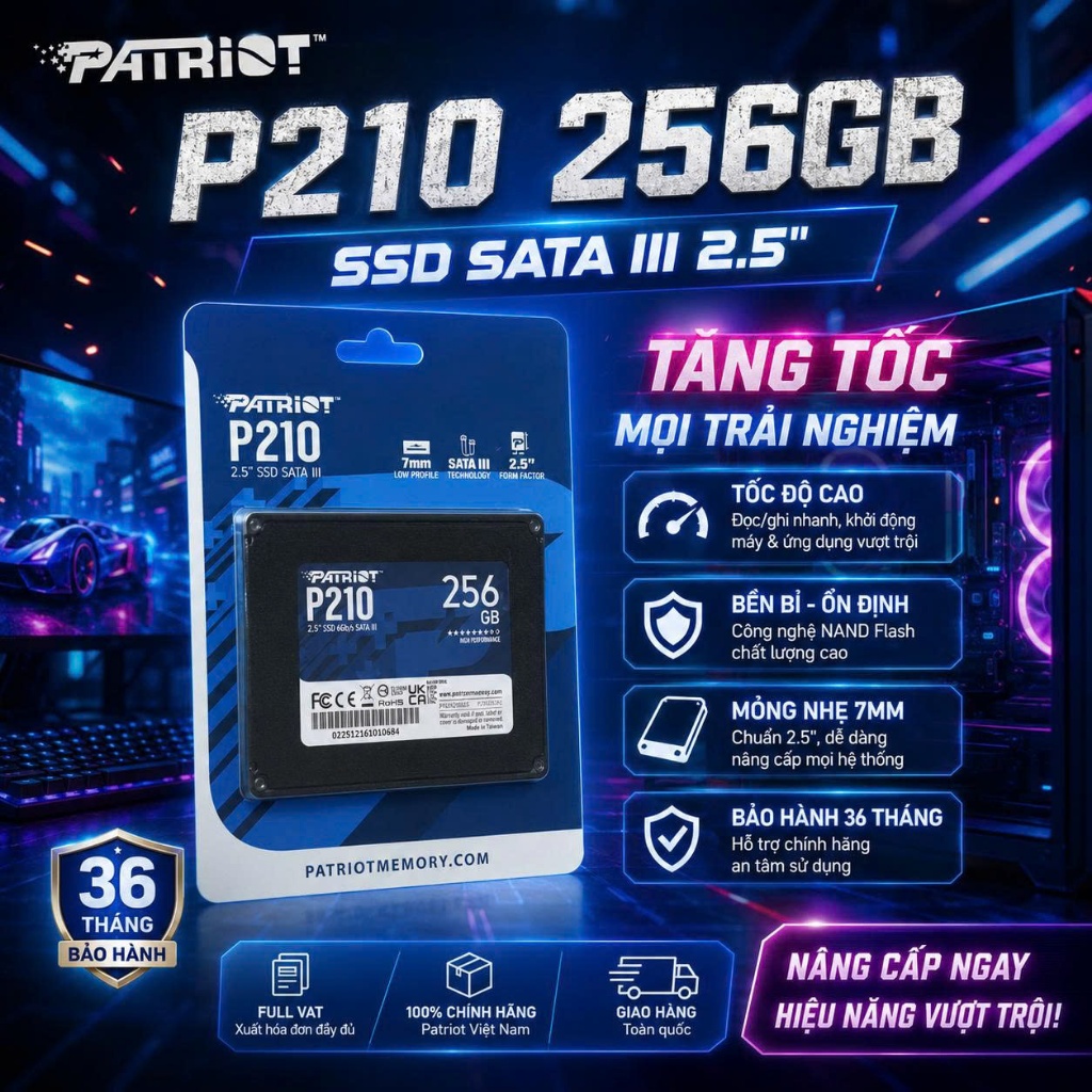 Ổ cứng SSD Patriot P210 256GB | SATA III, 2.5" (P210S256G25) | BH 36T | FULL VAT