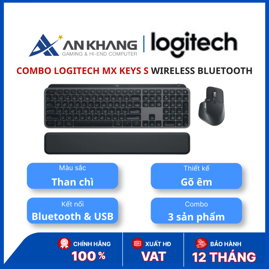 Combo Logitech MX Keys S Wireless Bluetooth Graphite - Bàn Phím MX Keys S + Chuột MX Master 3S + Kê 