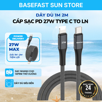 Cáp Sạc Nhanh 27W Basefast Cho Xr/Xs Max/11/12/13/14 Series (Type C-LN) Bọc Dù Dài 1/2M