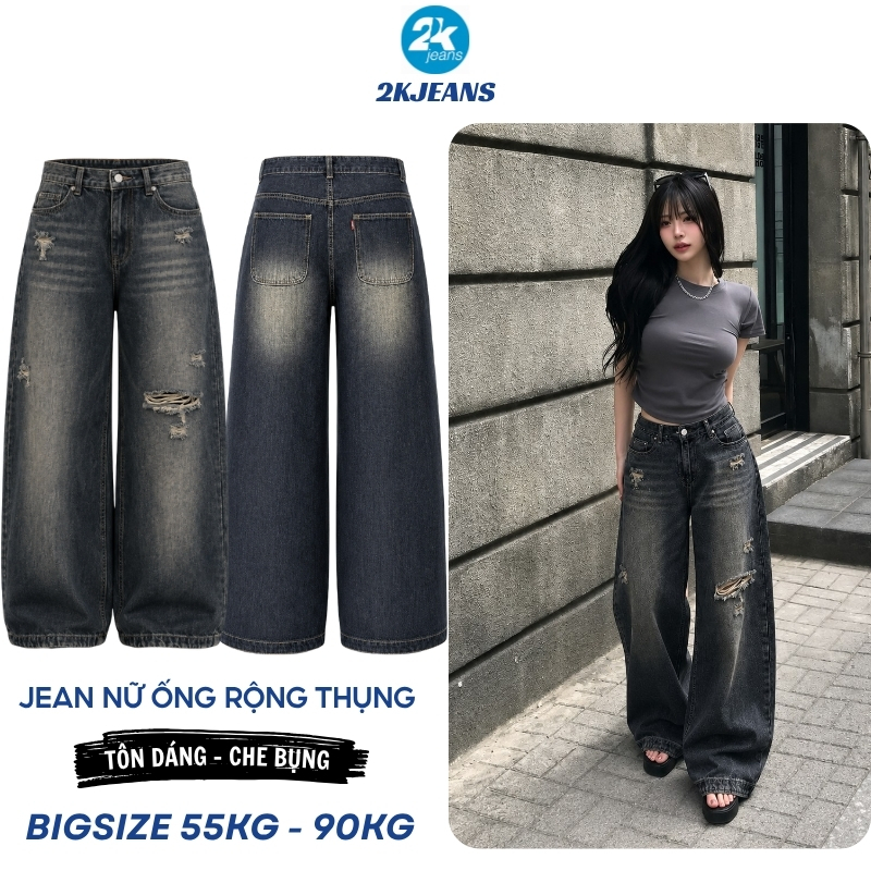 [VC 12% SP MỚI] Quần Jean Nữ Bigsize QC624 Ống Rộng Thụng Phong Cách Streetwear Rách Wash Bụi 2KJEAN