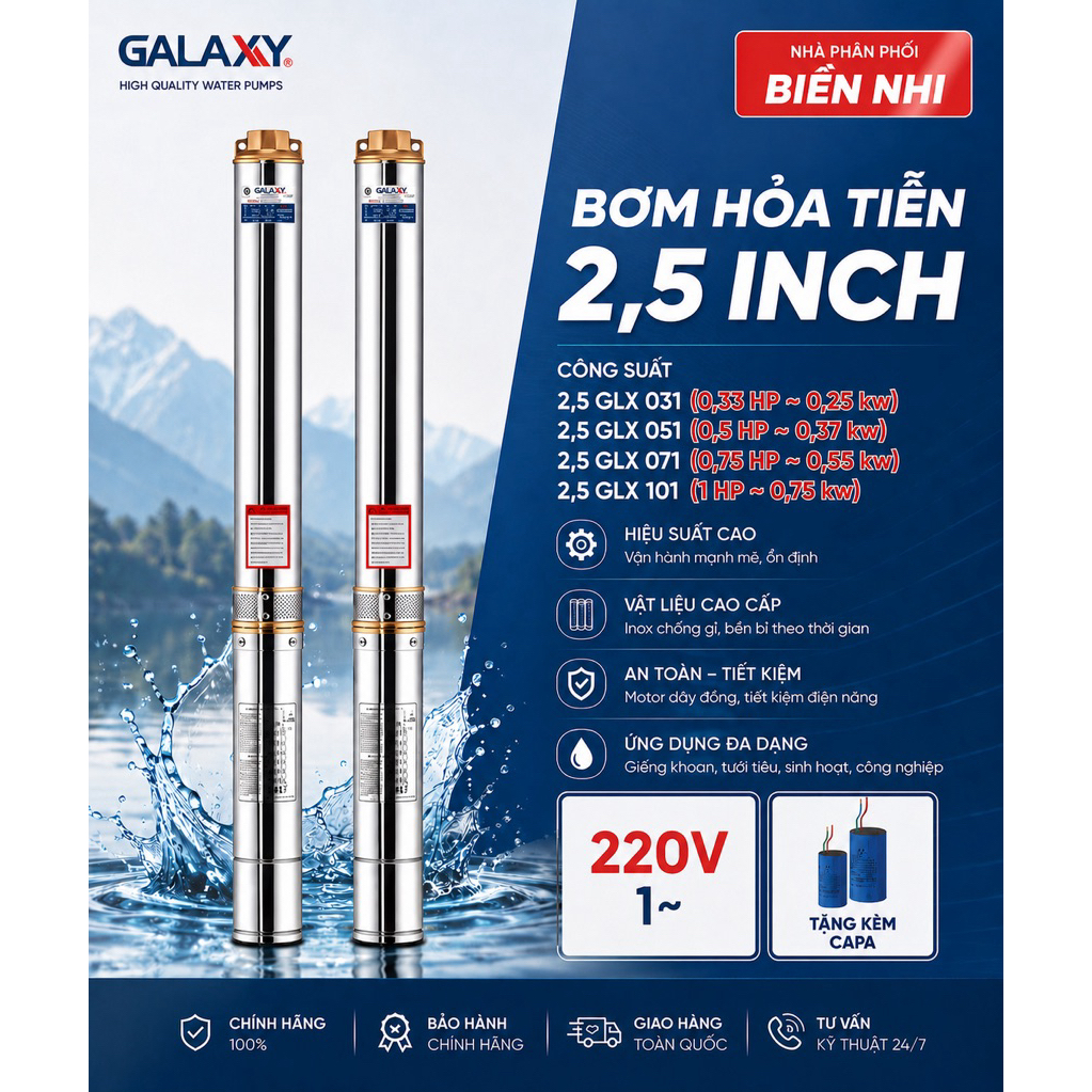 Bơm hỏa tiễn Galaxy 0.33-1HP (250-750W) điện 1 pha, vỏ inox 304, thân phi 63mm - Tân Huỳnh Châu