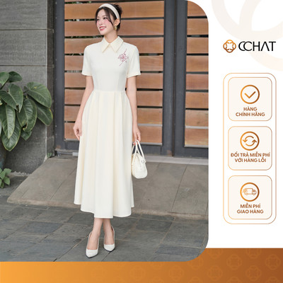 Đầm Nữ 𝐂𝐂𝐇𝐀𝐓 Dáng Xòe Thêu Hoa Trang Trí Chất Liệu Tằm Mềm Mại 16VNS9014XT