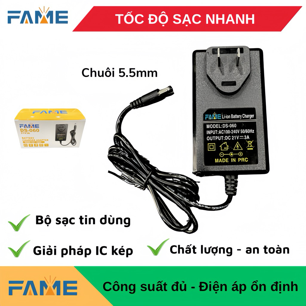 Sạc Pin 21V 2A/3A/5A Chuôi 5.5mm, Có Đèn Xanh Đỏ Báo Đầy Pin, Dùng Cho Chân Pin Phổ Thông, 【Sạc Pin 
