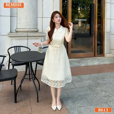 Đầm thiết kế cao cấp BEMINE cổ đức ren hoa nơ eo dáng chữ A-B613