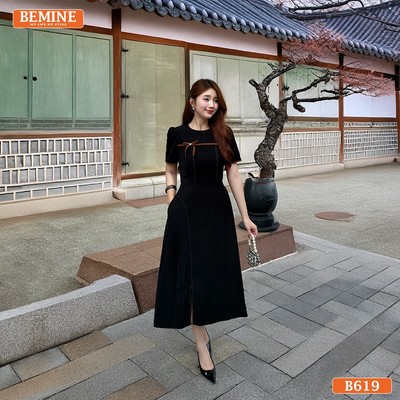 Đầm thiết kế BEMINE cổ tròn chạy viền đính nơ dáng chữ A phù hợp đi làm-B619