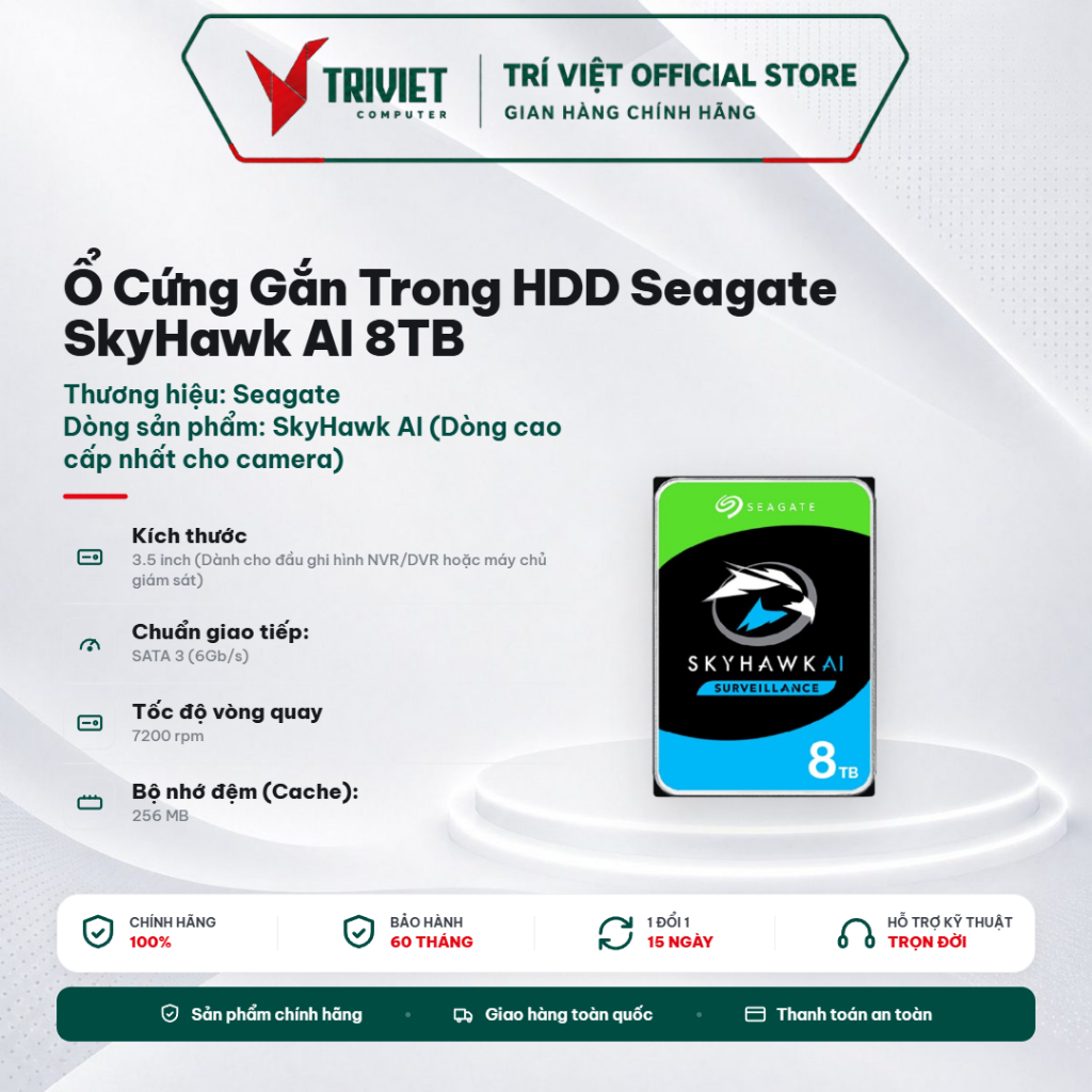 Ổ Cứng Gắn Trong HDD Seagate SkyHawk AI 8TB 3.5 Inch SATA3 7200RPM 256MB Cache ST8000VE001 Ổ Cứng Ca