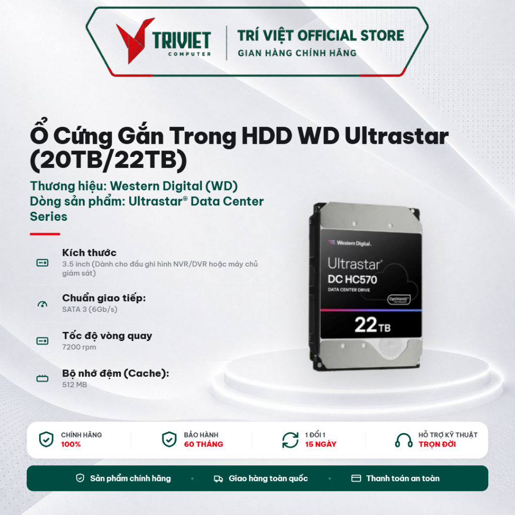 Ổ Cứng Gắn Trong HDD WD Ultrastar (20TB/22TB) 3.5 SATA 7200RPM 512MB (WUH722020CLE6L4/WUH722222ALE6L