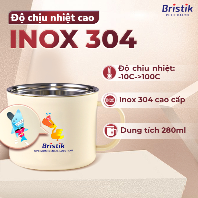 Cốc uống nước cho bé Bristik, cốc inox chịu nhiệt 304 cao cấp, cốc đánh răng dung tích 280ml