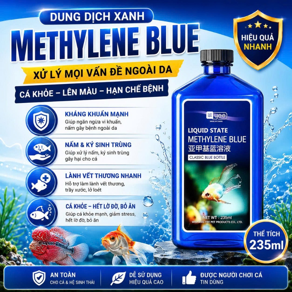 Dung Dịch Xanh MethyLene Blue 235ml Xử Lý Và Phòng Ngừa Các Bệnh Ngoài Da, Sát Khuẩn Cho Cá Cảnh