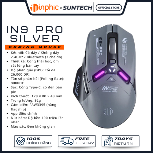Chuột Gaming INPHIC IN9 PRO | 8000Hz, PAW3395 Flagship, 26000 DPI, 3 Chế Độ, 100M Click - Chính Hãng
