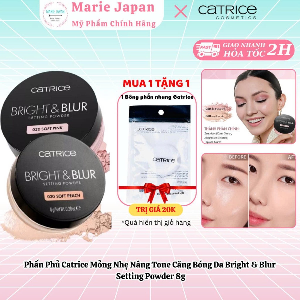 [MUA 1 TẶNG 1] Phấn Phủ Catrice Mỏng Nhẹ Nâng Tone Căng Bóng Da Bright & Blur Setting Powder 8g