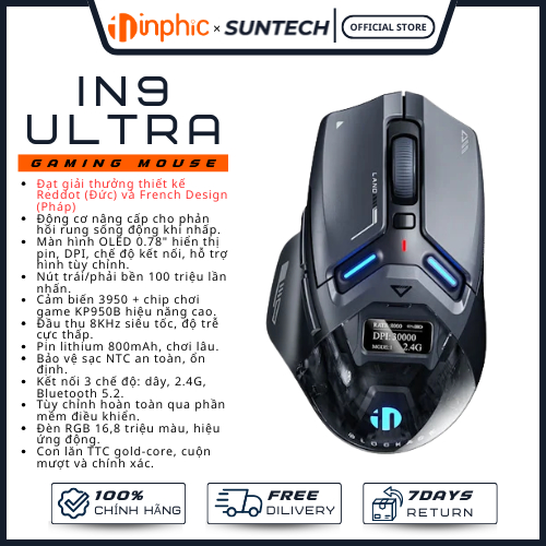 Chuột Gaming INPHIC IN9 ULTRA | Màn Hình OLED, 8KHz, Cảm Biến 3950, Phản Hồi Rung, Pin 800mAh - BH 2