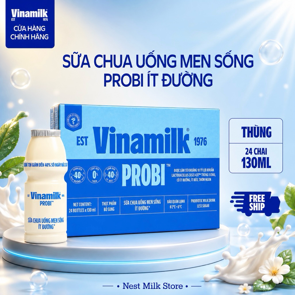 [Chỉ Giao HCM] Sữa Chua Uống Men Sống Vinamilk Probi Ít Đường 130ml - Thùng 24 Chai