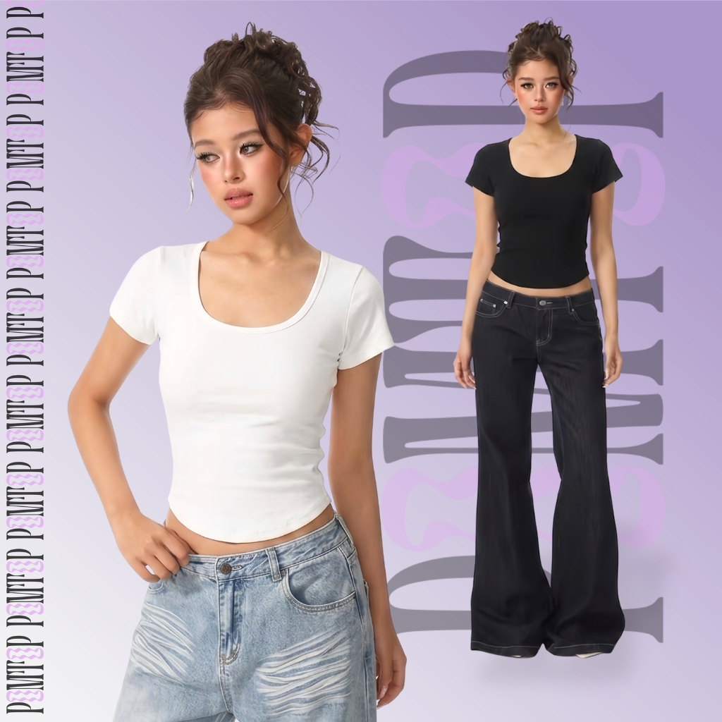 Áo thun nữ ngắn tay POMTOP cổ tròn rộng vạt bầu vải borip cotton co giãn ôm body Acubi style