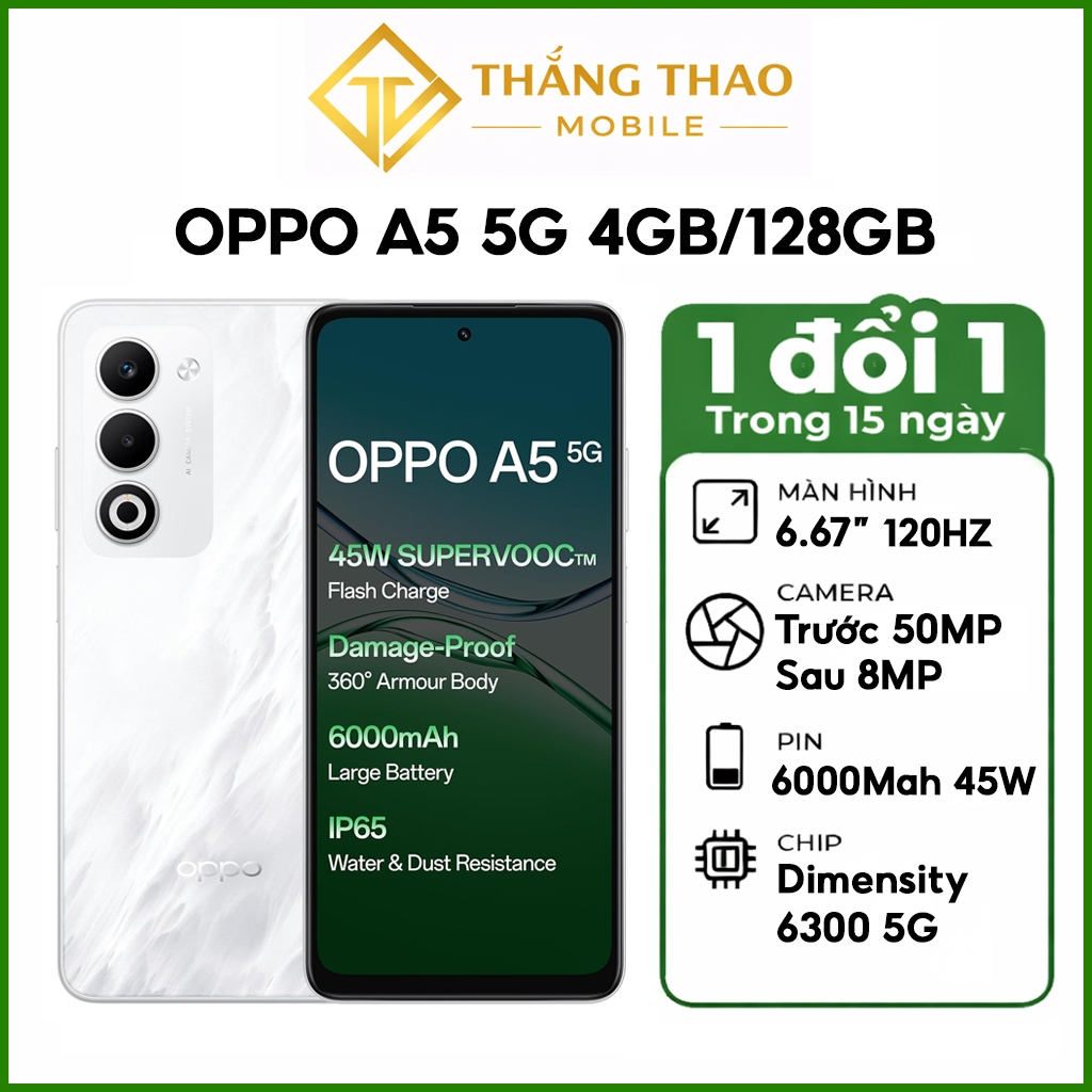 Điện thoại Oppo A5 5G (4GB/128GB) Dimensity 6300 Pin 6000mAh,Sạc nhanh 45W - Hàng nhập khẩu Nhật