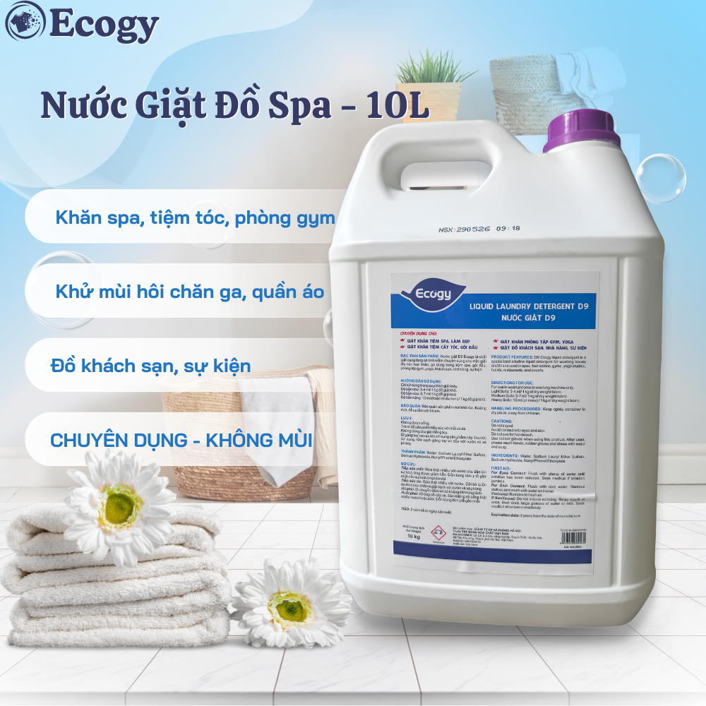[ Nước Giặt Đồ Spa Ecogy ] Nước Giặt D9 Ecogy 10kg khử mùi hôi, dầu trên khăn spa, quán tóc,chăn, đồ