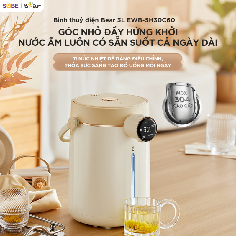 [Kháng Khuẩn Ion Bạc] Bình Thủy Điện Bear 3L EWB-5H30C60 - 11 Mức Nhiệt (40-90°C), Khử Clo Sạch