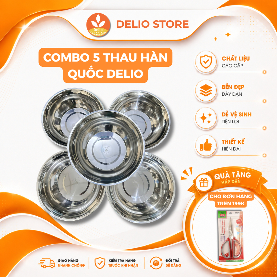 [Combo 5] Thau Inox Kiểu Dáng Hàn Quốc Cao Cấp - Thau Inox Sâu Lòng Size 26cm, 30cm, 36cm