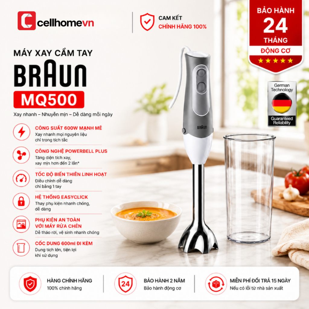 [Bảo Hành 2 Năm]  Xay Cầm Tay Đơn Năng Braun MQ500 | 600W | Kèm Cốc Đong | Xay Cháo, Sinh Tố, Thịt |