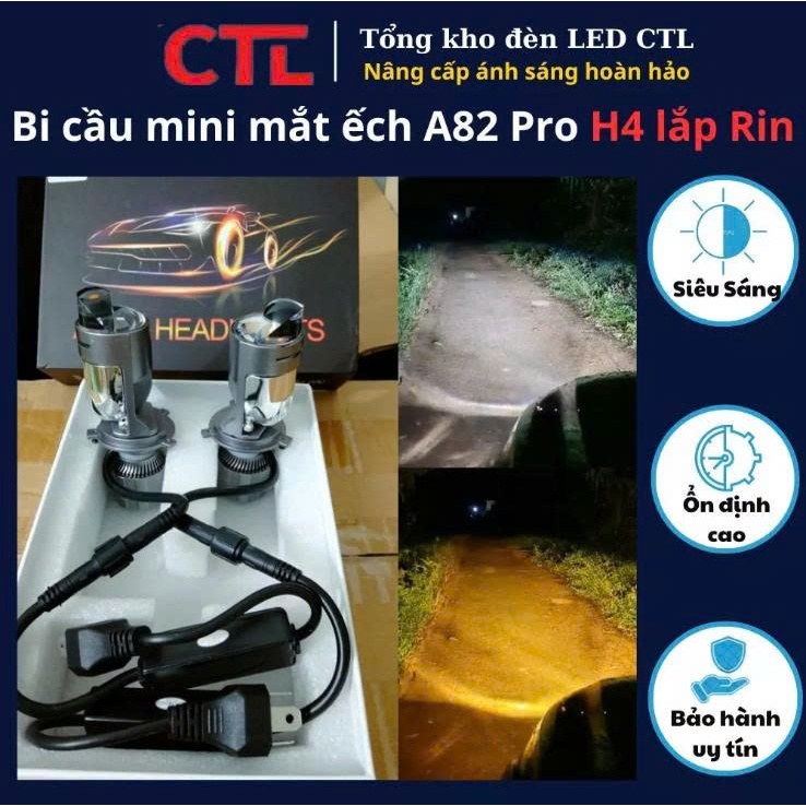 Đèn led bi cầu mini mắt ếch A82 Pro 12V-24V 2 màu Trắng (6000k)+vàng(3000K) phù hợp đi mọi thời tiết