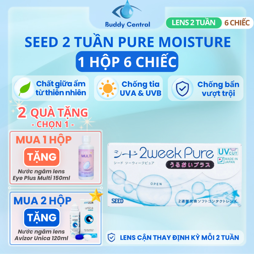 (Hộp 6 chiếc) Lens Seed 2 tuần 2week Pure trong suốt độ cận từ 0.00D đến -12.00D - Buddy Central
