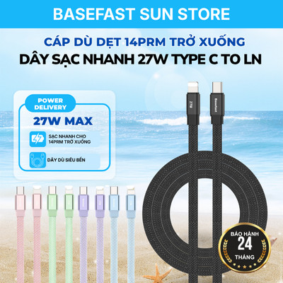 Cáp Sạc Nhanh 27W Basefast Dây Dù Dẹt Cho 8/X/11/12/13/14 Series Đầu Bọc Kim Loại siêu bền