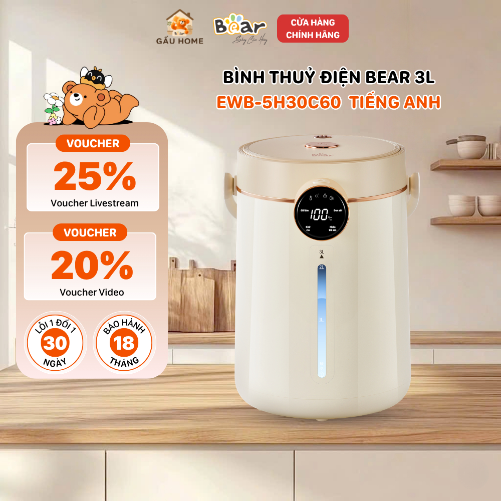 Bình Thủy Điện Bear 3L Đun Sôi Khử Clo Nhanh Giữ Nhiệt Pha Sữa Đa Năng EWB-5H30C60