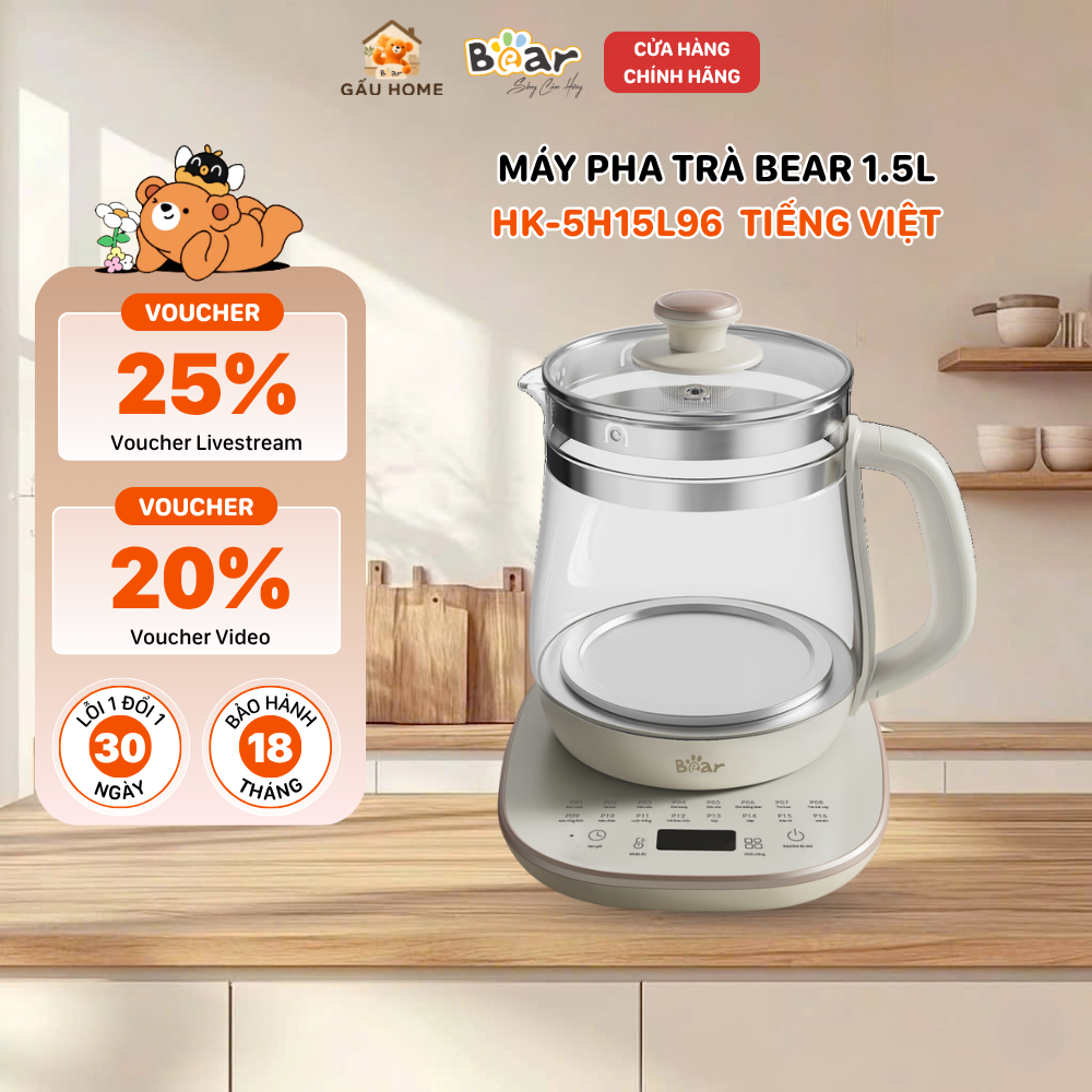 Máy Pha Trà Bear 1.5L Đun Nước Siêu Tốc Thủy Tinh Giữ Nhiệt Pha Trà Đa Năng HK-5H15L96