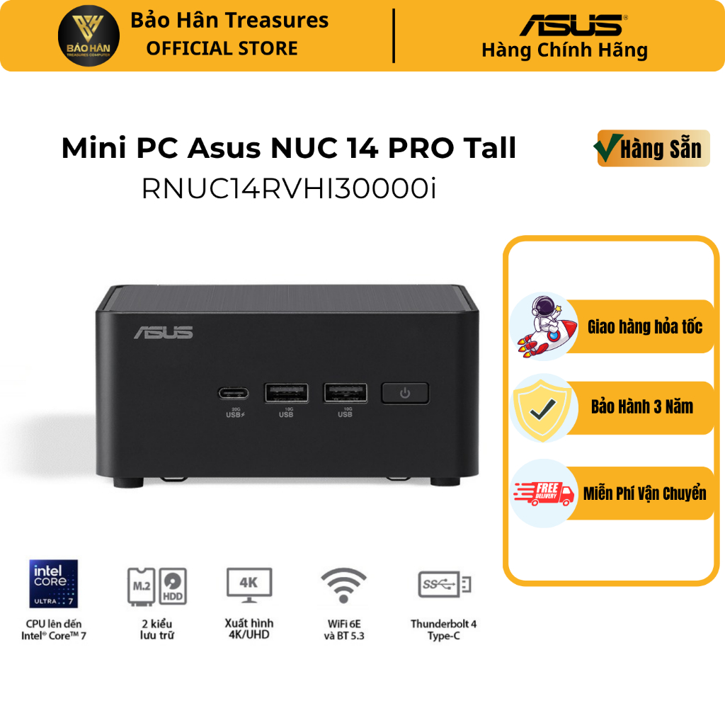Mini PC Asus NUC 14 PRO Tall RNUC14RVHI30000i ( i3- 100U/2xNVMe, SATA/2x HDMI 2.1/2x DP 1.4a/VESA MO