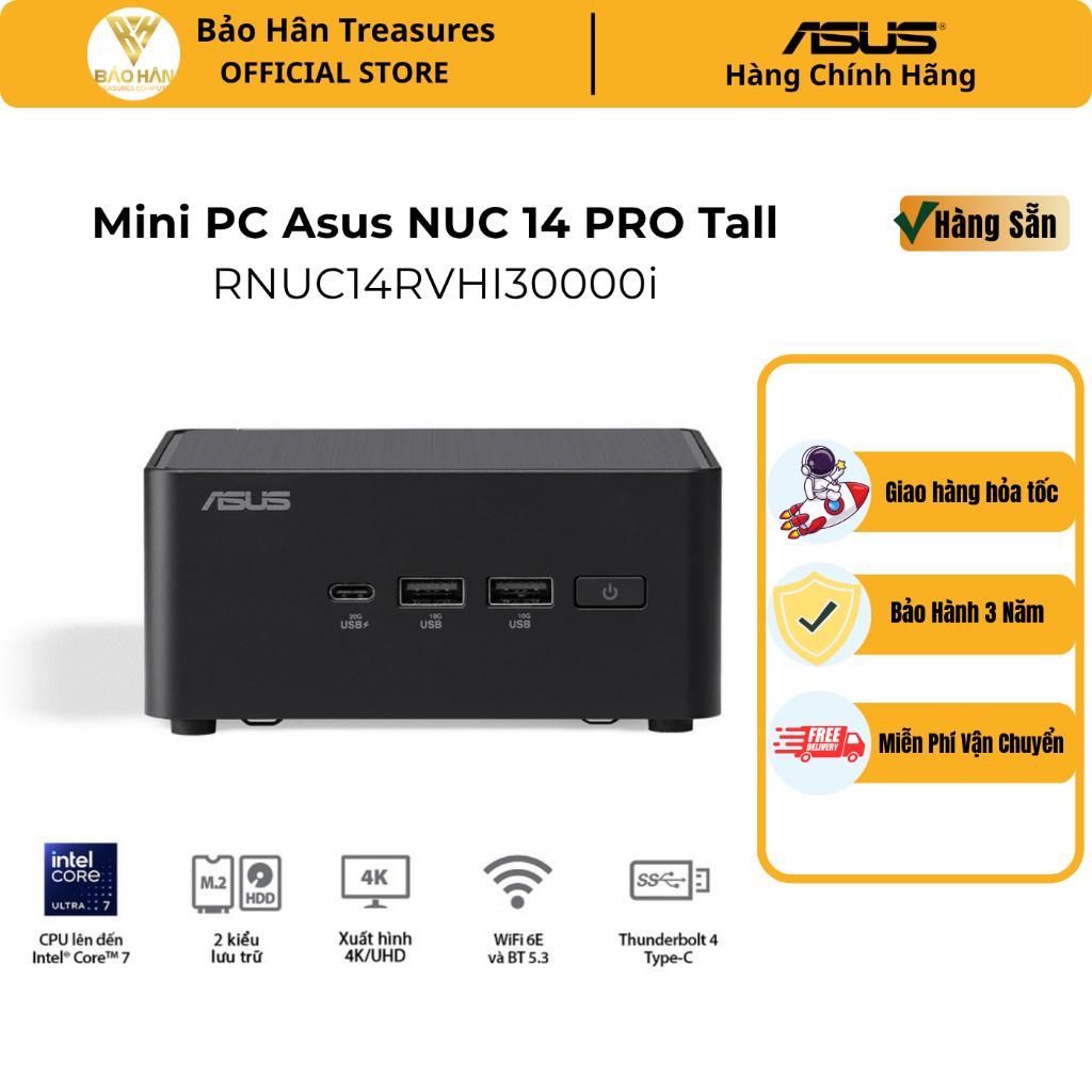 Máy Tính Mini PC Asus NUC 14 PRO Tall RNUC14RVHI30000i ( i3- 100U/2xNVMe, SATA/2x HDMI 2.1/2x DP 1.4