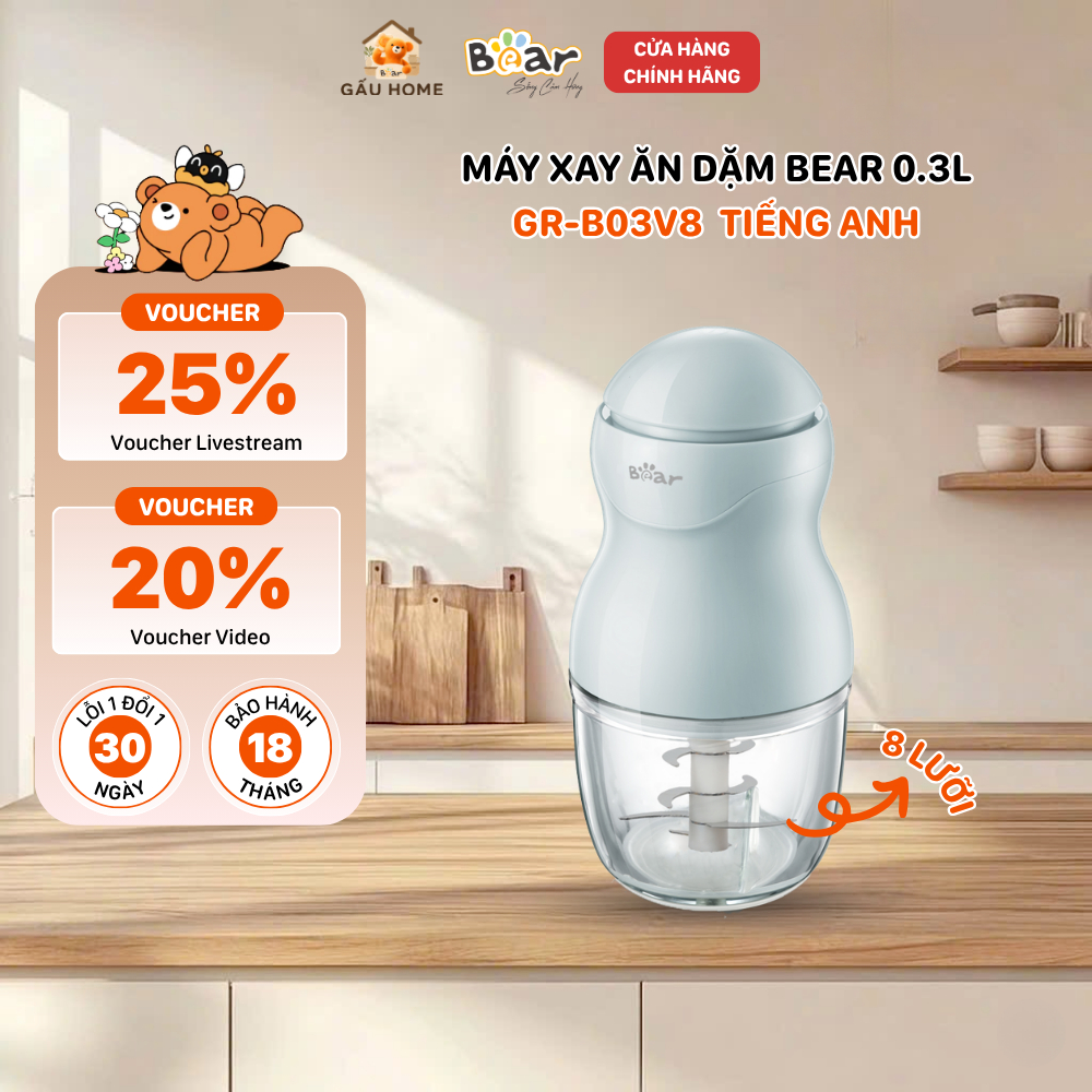 Máy Xay Ăn Dặm Bear Mini 8 Lưỡi Xay Cháo Xay Thịt Cầm Tay Nhuyễn Mịn An Toàn Cho Bé GR-B03V8