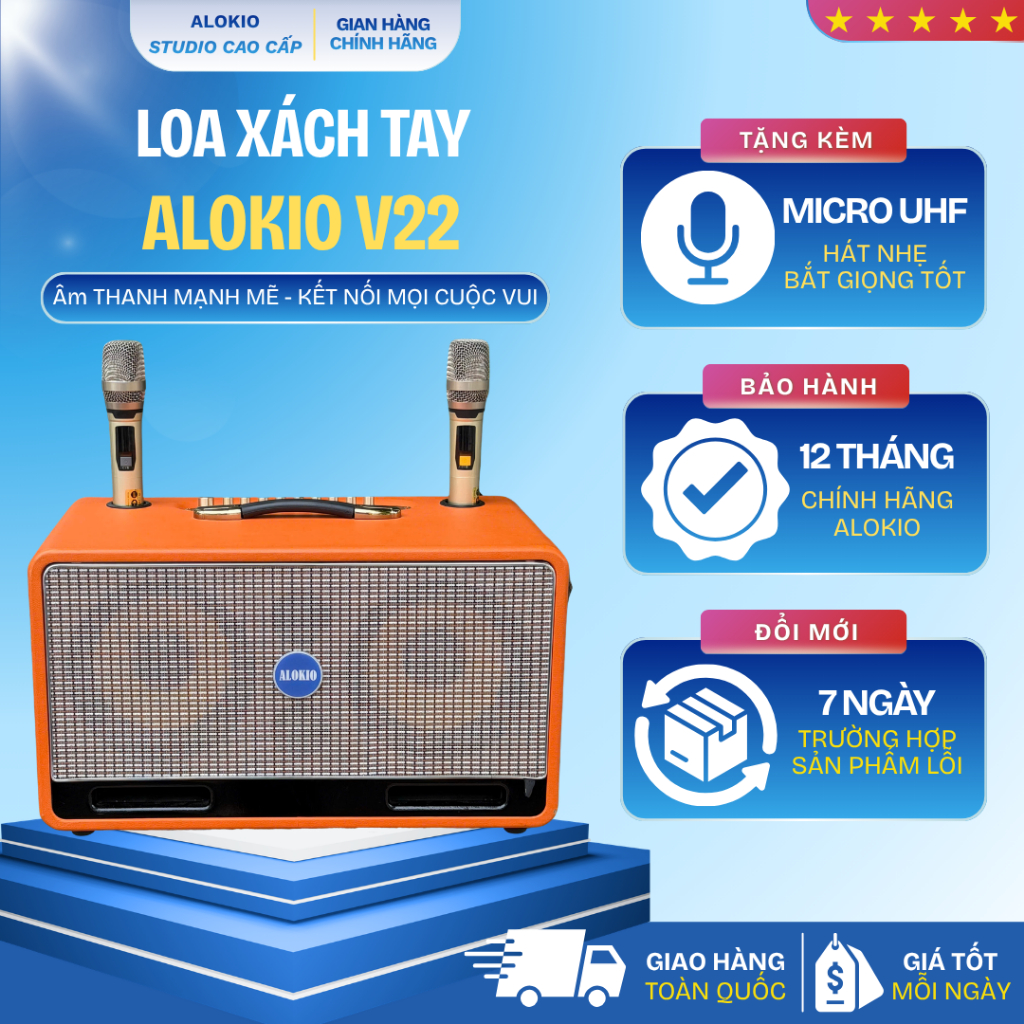 LOA KARAOKE XÁCH TAY ALOKIO V22 Di Động Bluetooth - Kèm 2 Micro - Công Suất Lớn - Bass 20 - 18kg