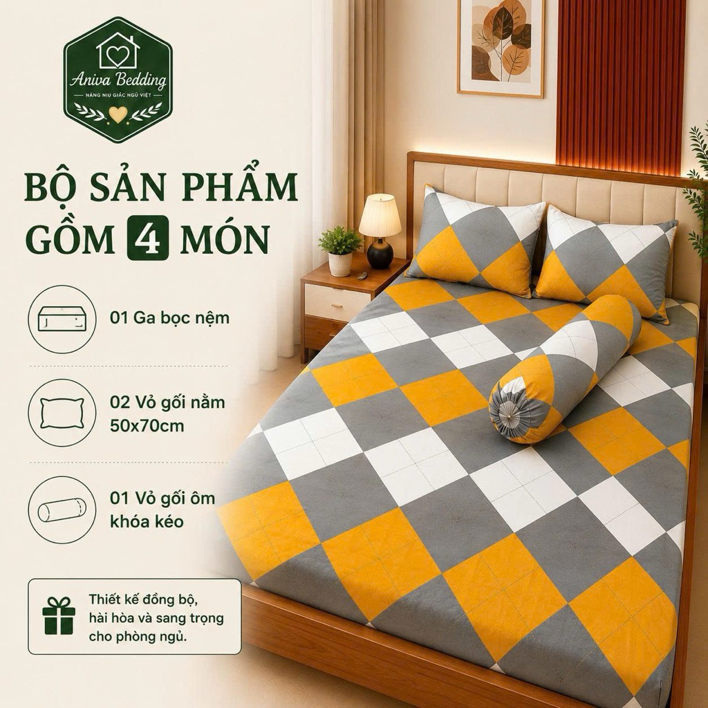 Bộ Ga Gối Cotton Thắng Lợi 4 Món Aniva Bedding 2mx2m - 2m2x2m Cotton Mềm Mại, Thoáng Mát, Ga Bọc Nệm