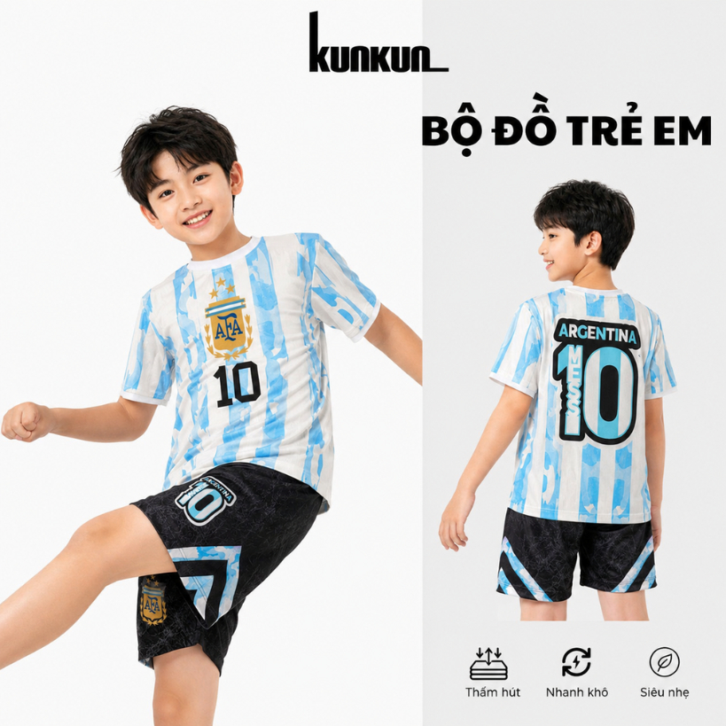 Bộ Đồ Thể Thao Bé Trai KunKun Kids Số 10 Sọc Xanh Trắng, Set Áo Quần Trẻ Em Mềm Mát Nhanh Khô