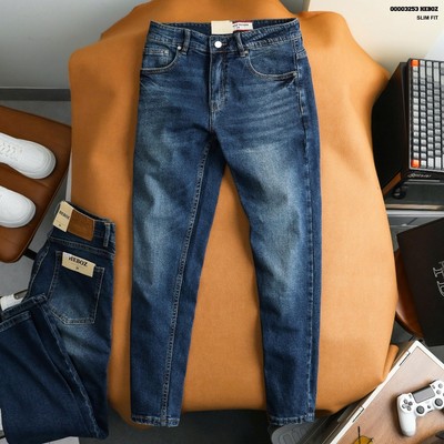 Quần jean nam HEBOZ dáng slim trơn D32, quần dài denim cotton co giãn - 00003253