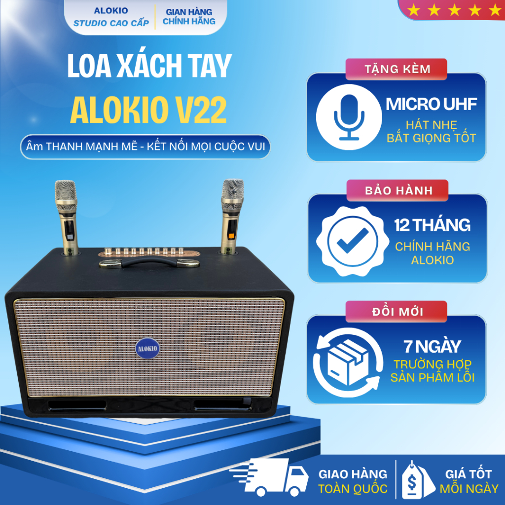 Loa Kéo Karaoke Alokio V22 Màu Đen - Chính Hãng - 800W - 2 Bass 20 - Bluetooth - Tặng 2 Micro UHF