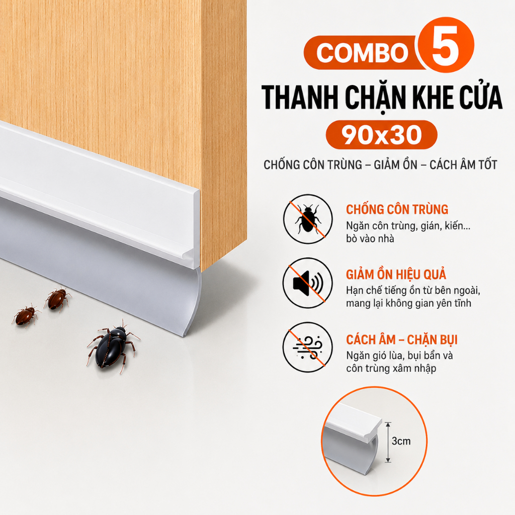 Combo 5 Thanh Chặn Khe Cửa 90x30 – Chống Côn Trùng, Giảm Ồn, Cách Âm Tốt
